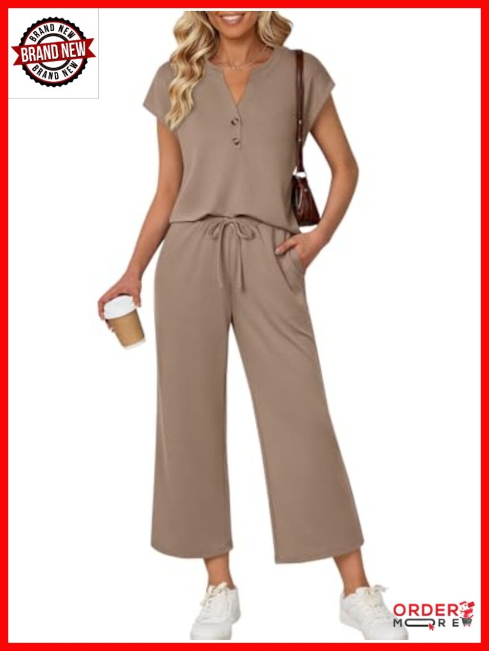 Womens 2 Piece Lounge Set V-Neck Button Top Wide Leg Crop Pants